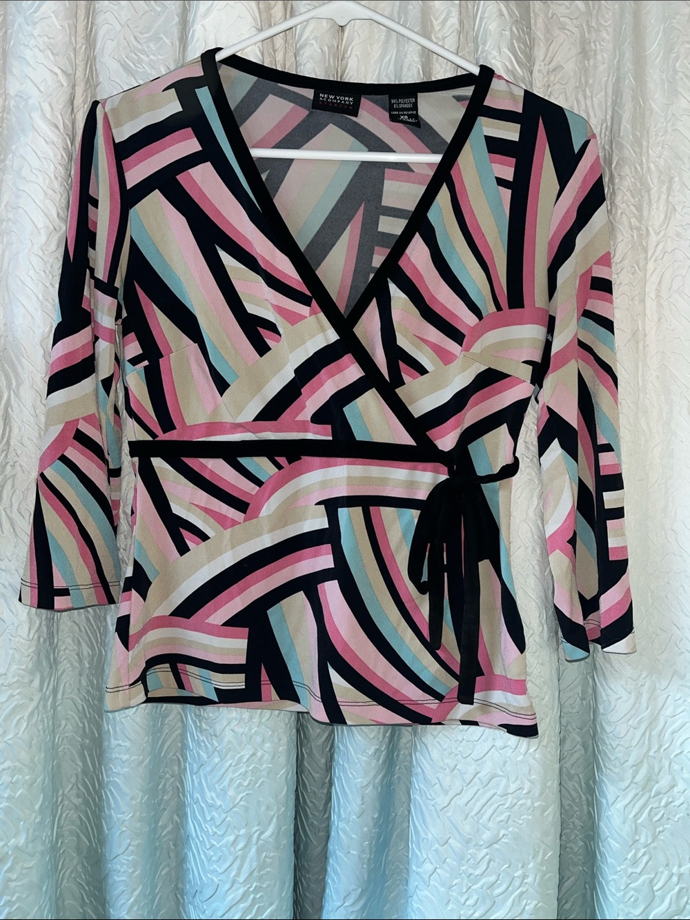 New York & Company Geo-Stripe Wrap Top in Pink, Black & Cream